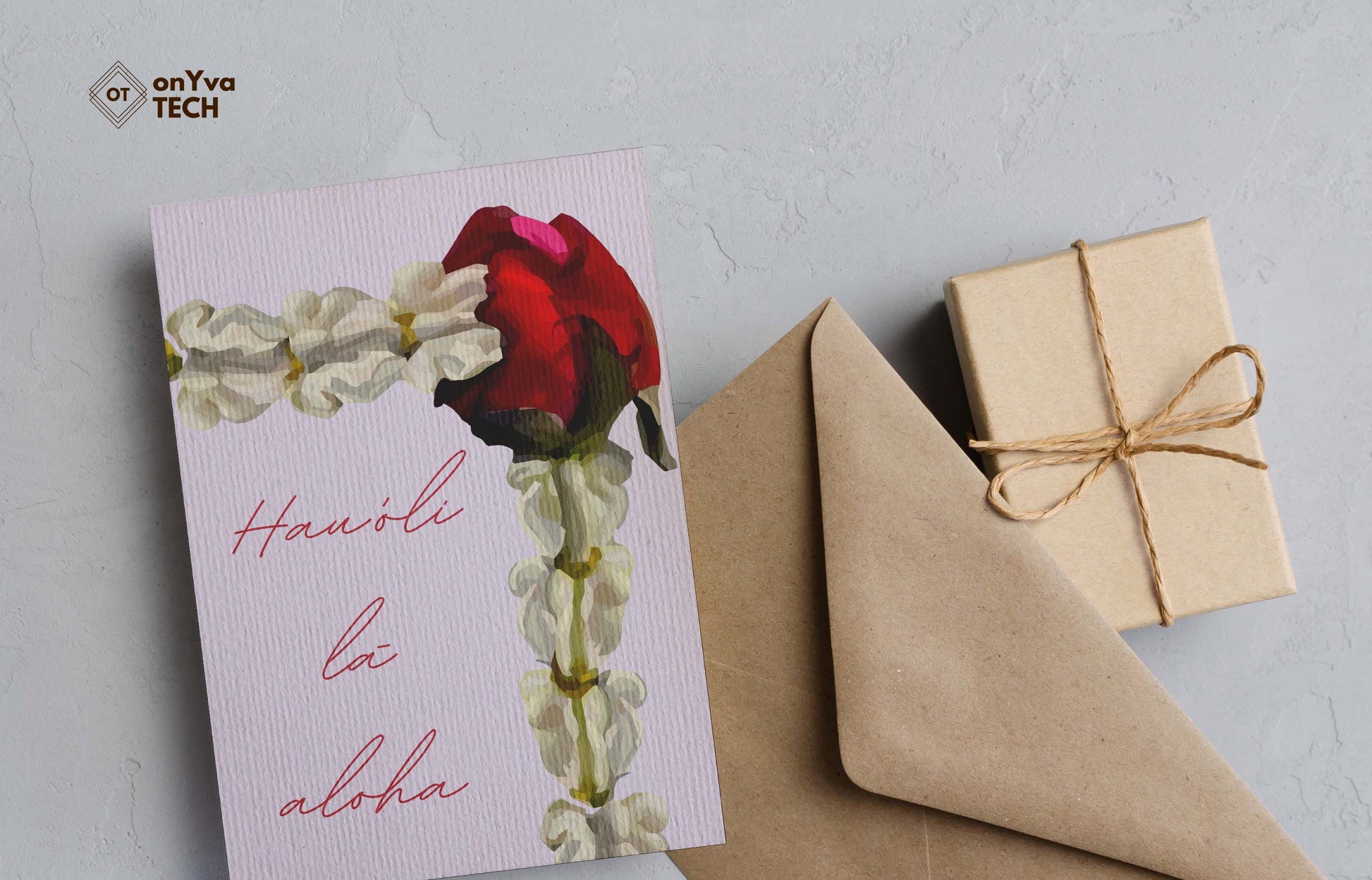  greeting portrait adorned with  a crown flower rose lei floral border and the words Hauʻoli la aloha