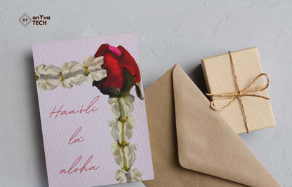  greeting portrait adorned with  a crown flower rose lei floral border and the words Hauʻoli la aloha