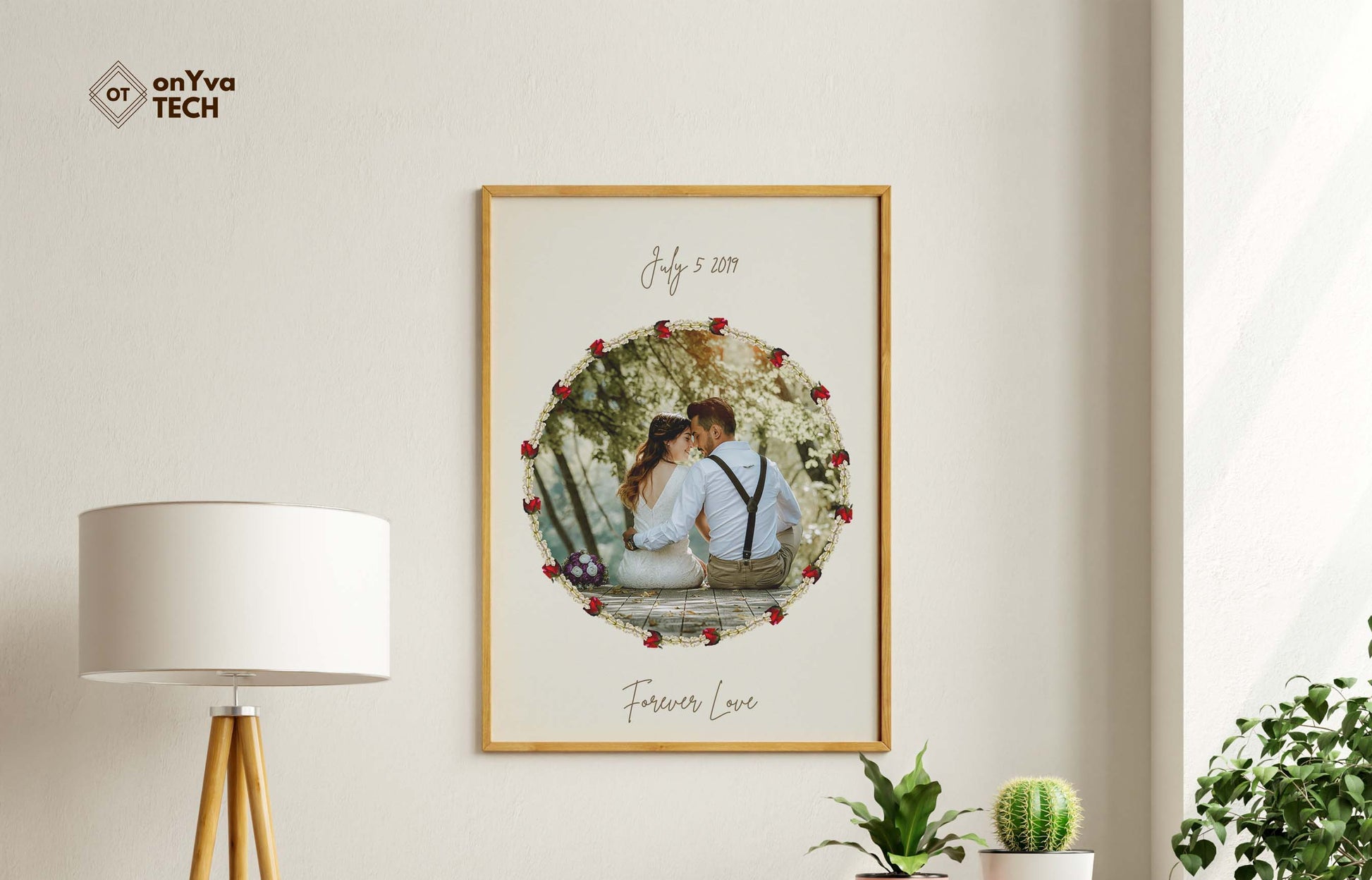  framed printed poster of a couple holding each other with a circle  crown flower rose lei border around their picture and printed their wedding date and the words Forever Love 