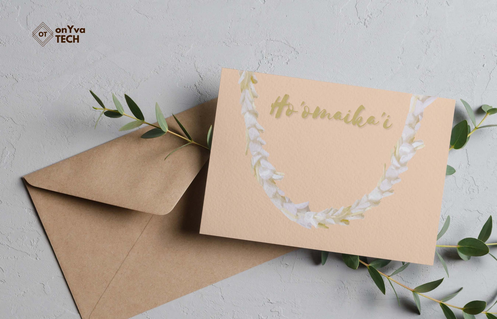 Congratulation greeting card adorned with  half an oval White Ginger Lei floral border and the words Hoomaikai