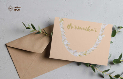 Congratulation greeting card adorned with  half an oval White Ginger Lei floral border and the words Hoomaikai