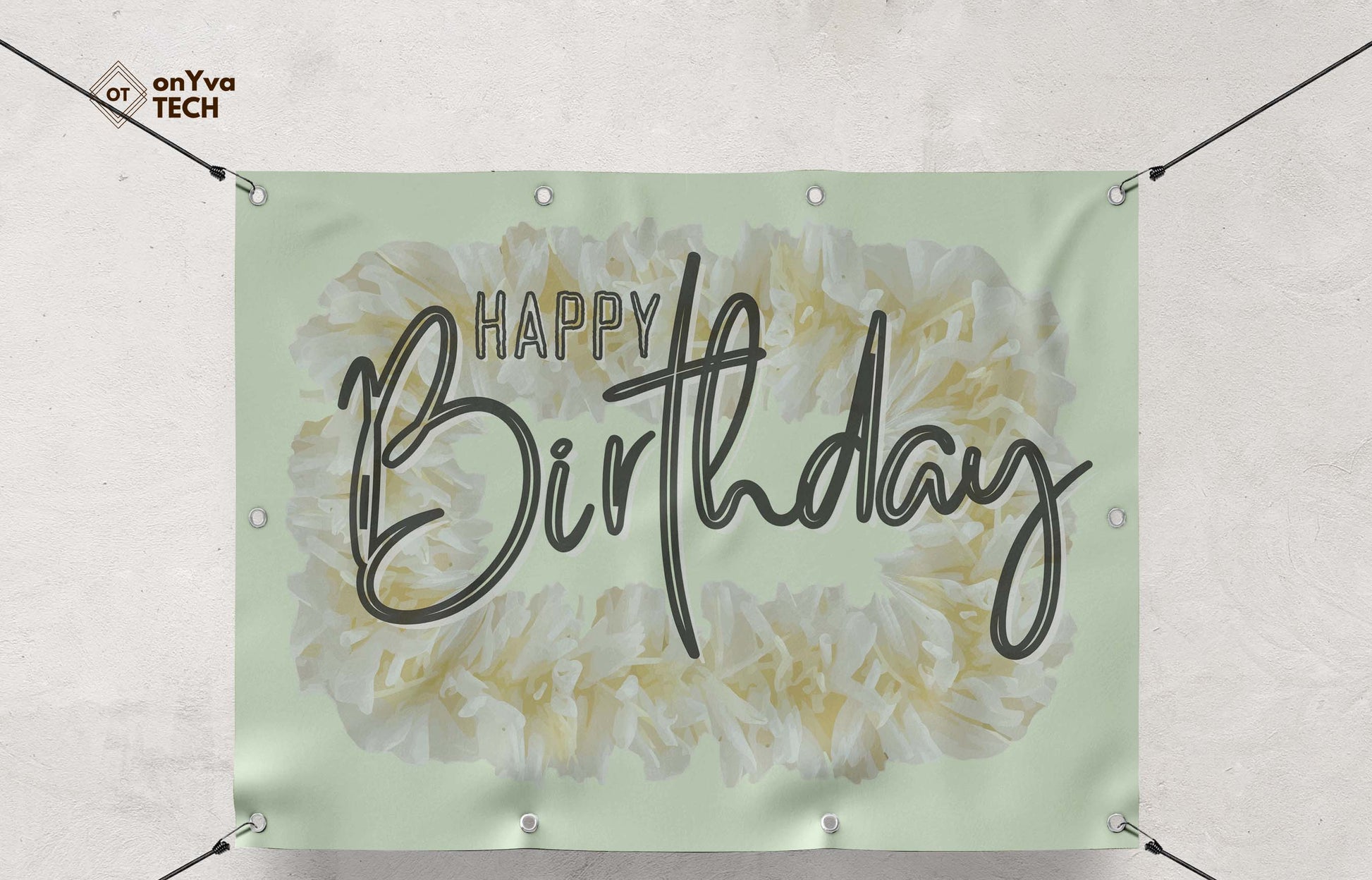  banner with a sublimation print of a rectangle border of a  White Ginger Lei frame surrounding the words 