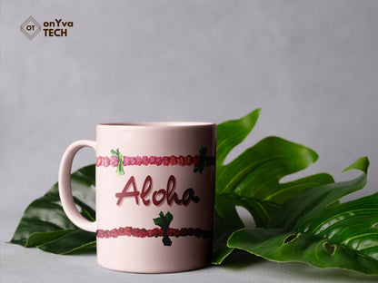  personalized mug sublimation print with  Hee Berry Lei PNG going around and the words: Aloha