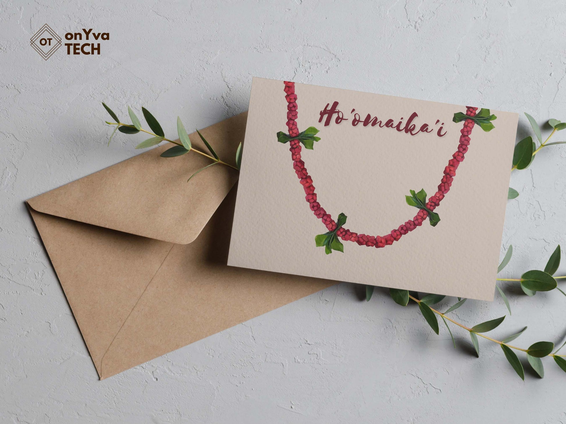 Congratulation greeting card adorned with a half oval Hee Berry Lei floral border and the words Hoomaikai