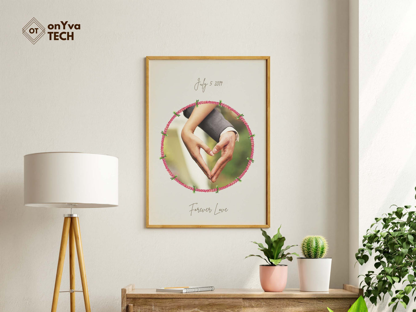  framed printed poster of a couple holding each other with a circle  Hee Berry Lei border around their picture and printed their wedding date and the words Forever Love 