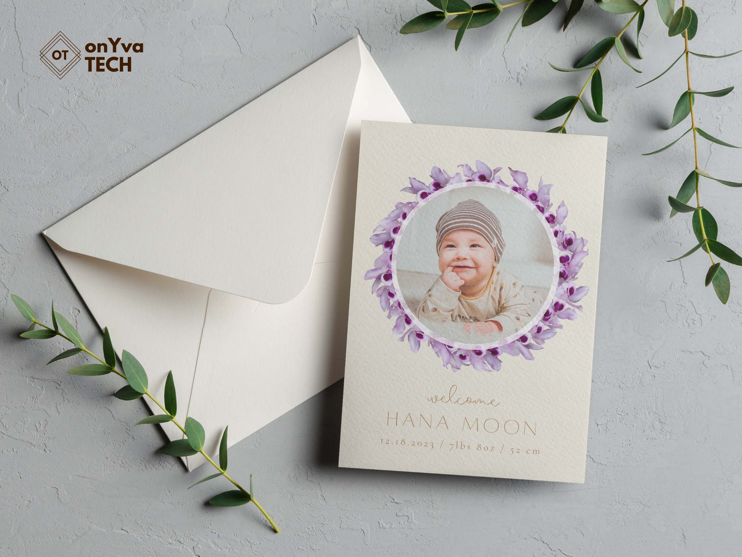  baby announcement card with a circle frame of   Honohono Orchid Lei necklace around the picture. 