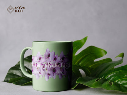  sublimation mug with  Honohono Orchid Lei flower PNG in the background and the words Aloha Kakahiaka on top 