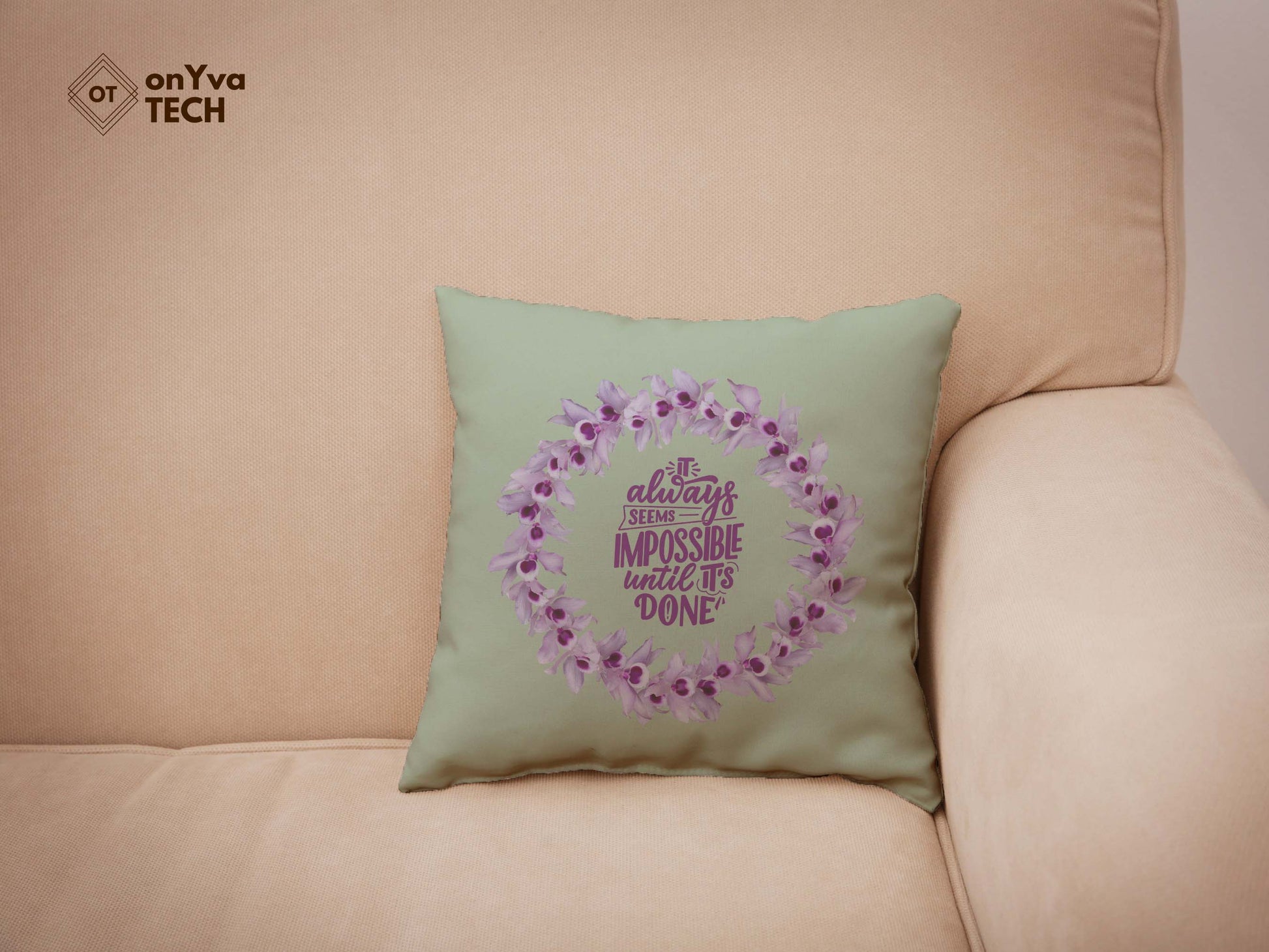 Green personalized pillow sublimation printed with a circle frame of a  Honohono Orchid Lei and in the middle, the words Best Mom