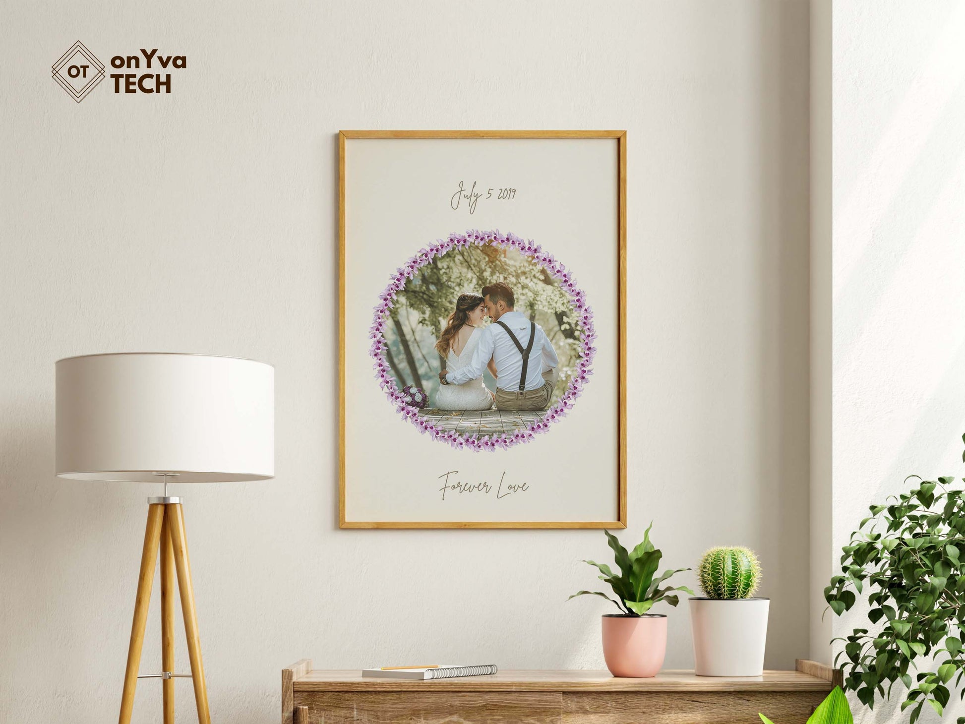  framed printed poster of a couple holding each other with a circle  Honohono Orchid Lei border around their picture and printed their wedding date and the words Forever Love 