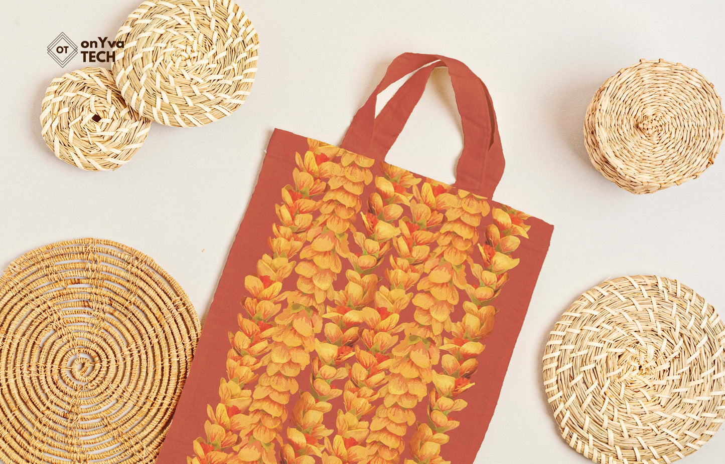  jute tote bag with several Ilima Lei sublimation print from top to bottom 