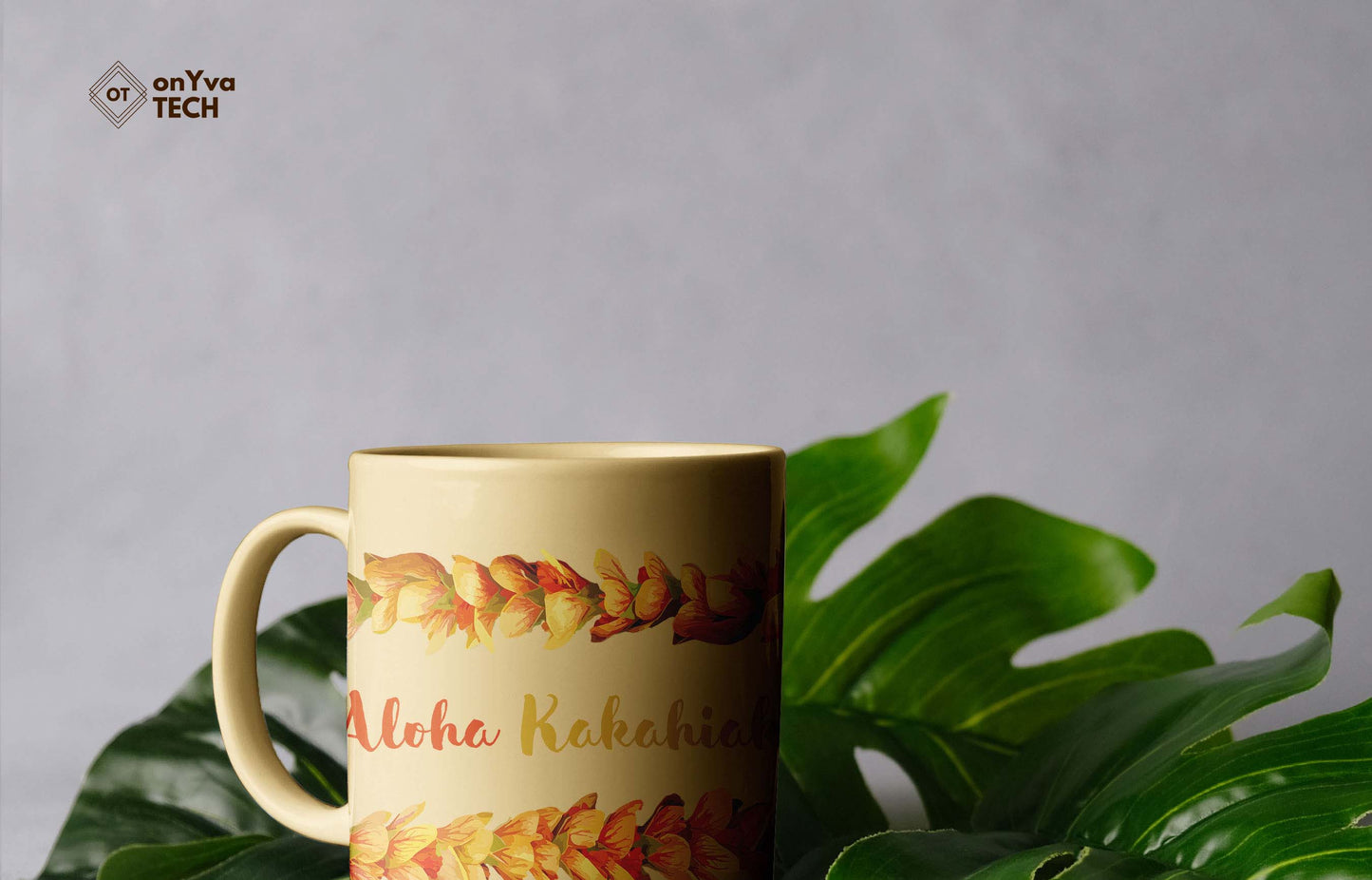  personalized mug sublimation print with 2 Ilima Lei PNG going around and the words: Aloha Kakahiaka 