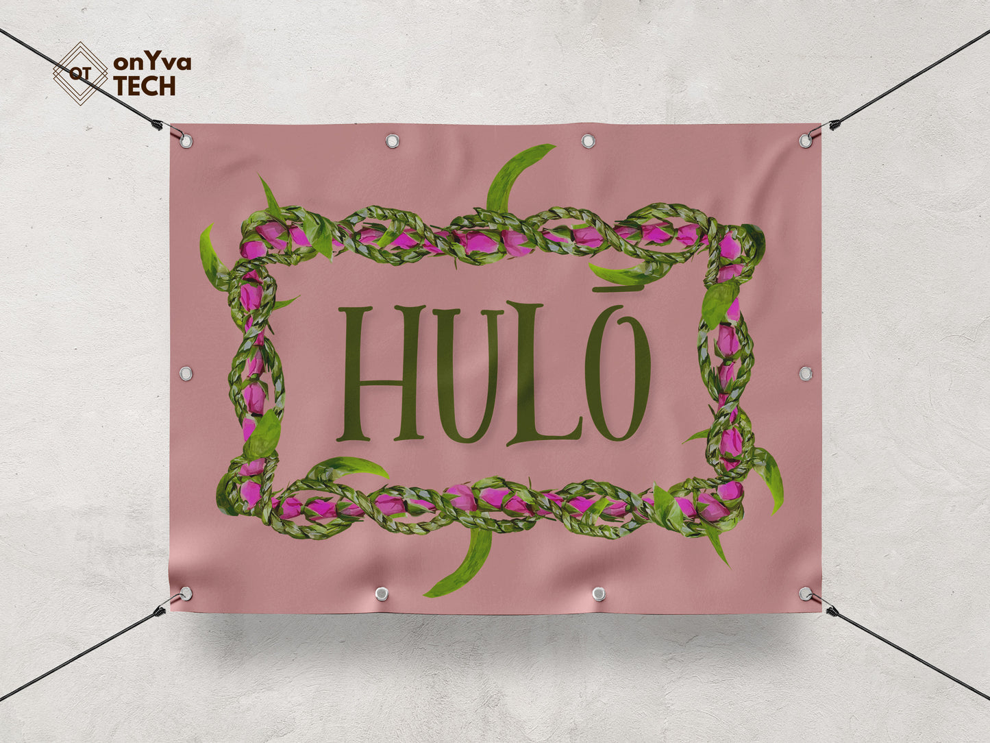  banner with a sublimation print of a rectangle border of a  Lokelani Ti Leaf 3 Strand Twist Lei frame surrounding the words 