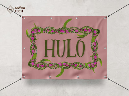  banner with a sublimation print of a rectangle border of a  Lokelani Ti Leaf 3 Strand Twist Lei frame surrounding the words 