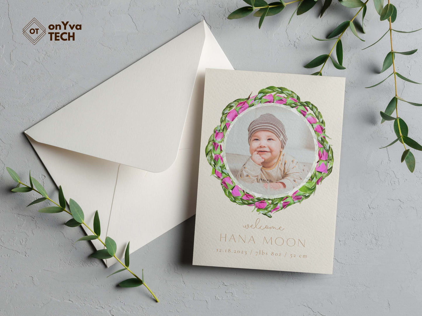  baby announcement card with a circle frame of  Lokelani Ti Leaf 3 Strand Twist Lei necklace around the picture. 