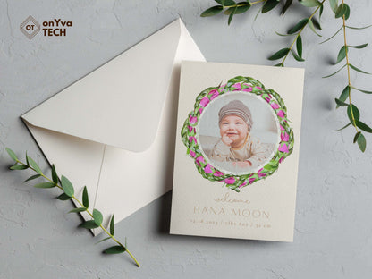  baby announcement card with a circle frame of  Lokelani Ti Leaf 3 Strand Twist Lei necklace around the picture. 