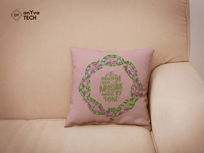  personalized pillow sublimation printed with a circle frame of a  Lokelani Ti Leaf 3 Strand Twist Lei and in the middle, the words 