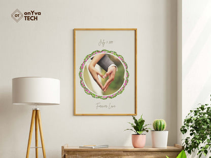  framed printed poster of a couple holding each other with a circle  Lokelani Ti Leaf 3 Strand Twist Lei border around their picture and printed their wedding date and the words Forever Love 