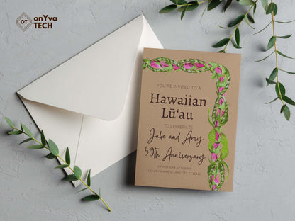  hawaiian party card invitation with a rectangle border of a  Lokelani Ti Leaf 3 Strand Twist Lei to add a tropical flourish 