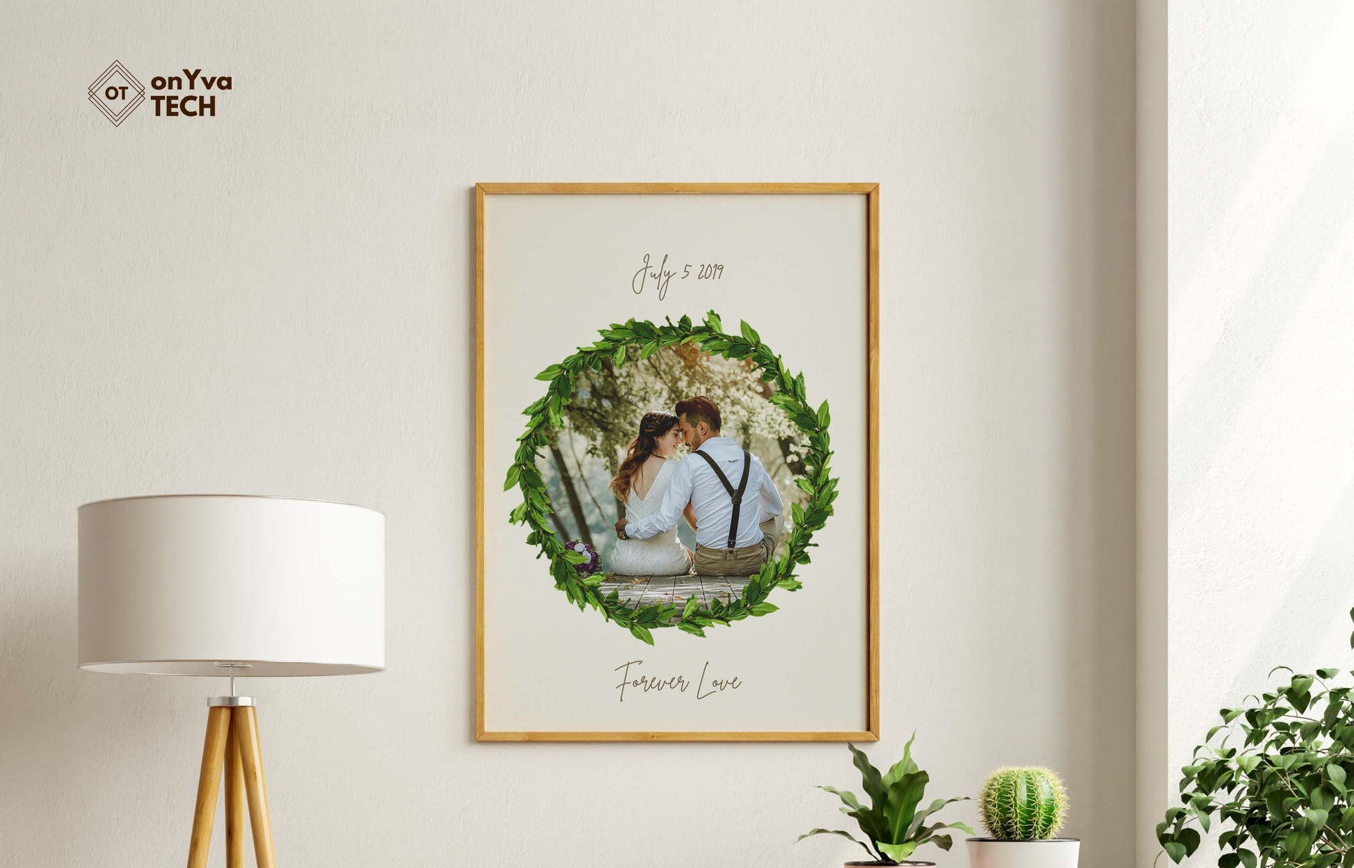  framed printed poster of a couple holding each other with a circle  Maile Lei border around their picture and printed their wedding date and the words Forever Love 