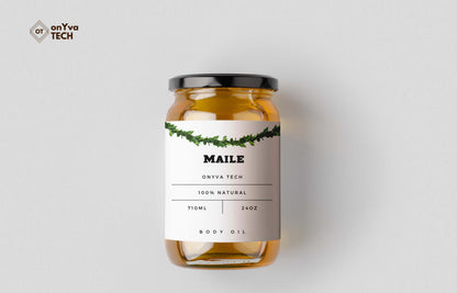  jar mockup with a white label and an arc of a  Maile Lei printed at the top facing up 