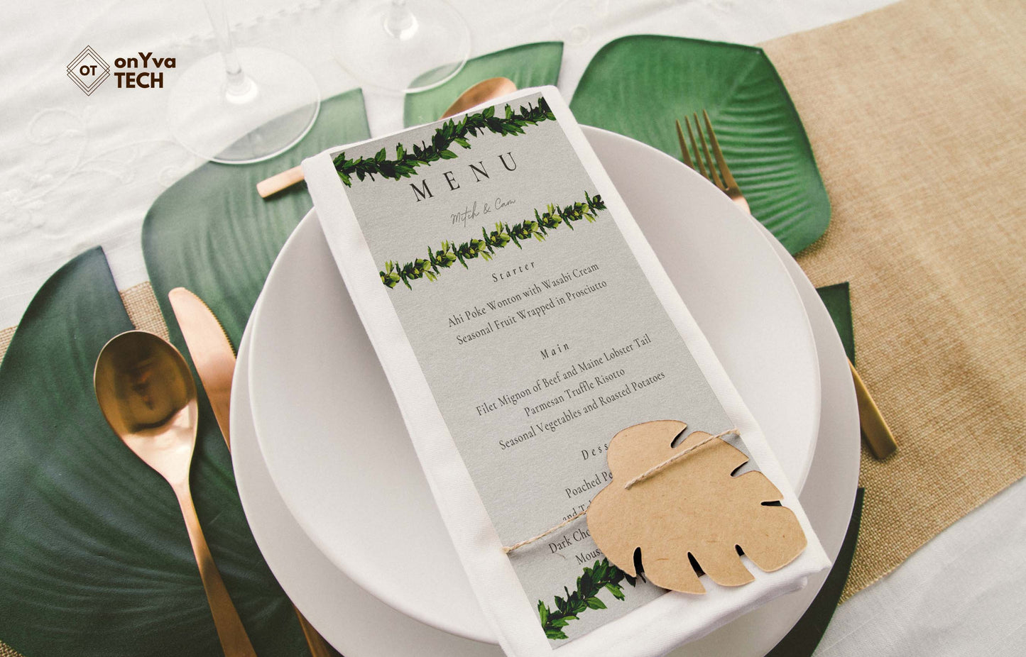  wedding plate setting with a lunch menu. The menu is adorned with several squiggle designs of the  Maile Lei used as text dividers 