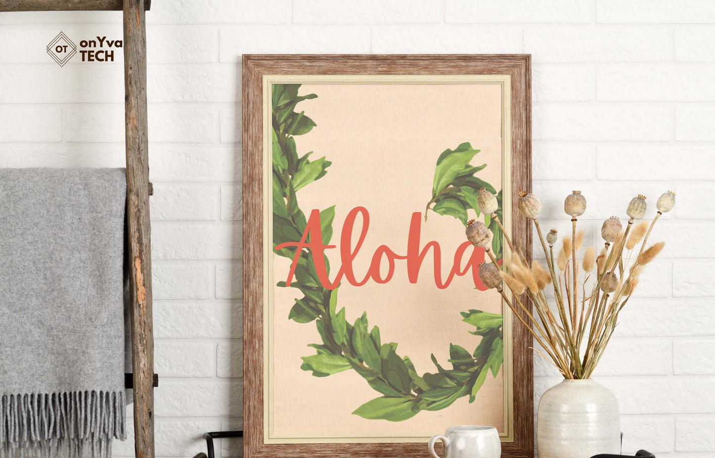  printed poster in a frame of a swirl of a Maile Lei  with the words Aloha 