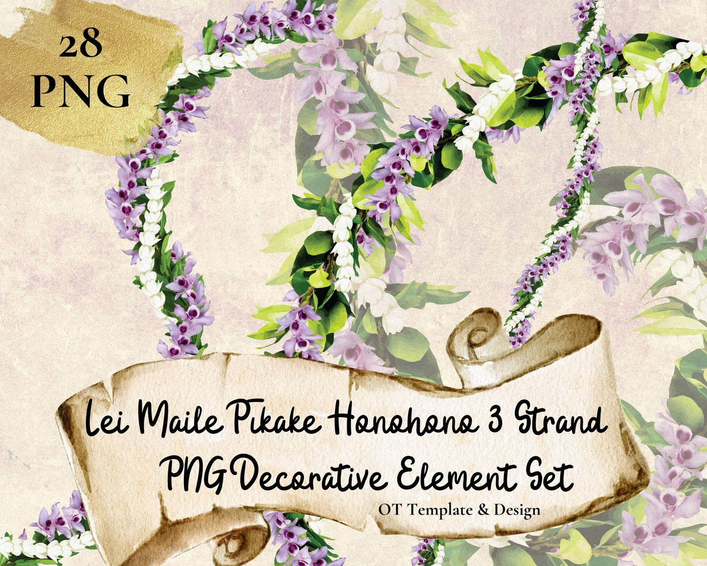 Maile Pikake Honohono 3 Strand Twist Lei | Hawaiian PNG Decorative Element Set | Digital Download