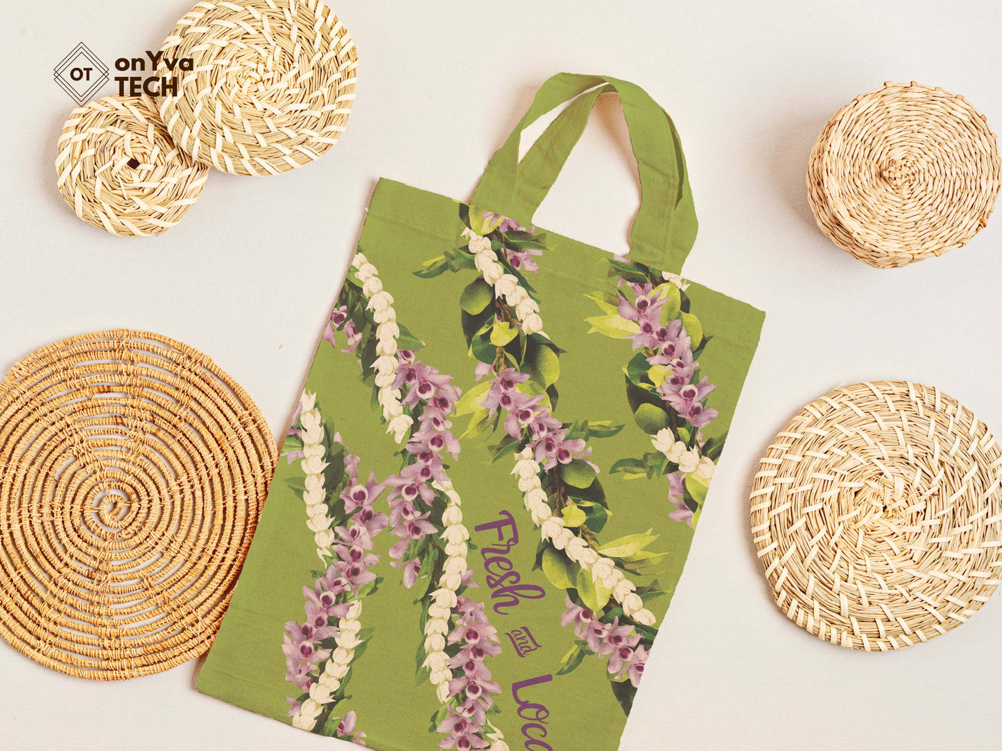  jute tote bag with  Maile Pikake Honohono 3 Strand Twist Lei sublimation print from top to bottom 