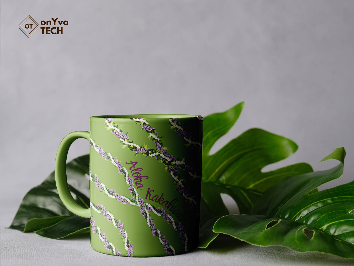 Green personalized mug sublimation print with several Maile Pikake Honohono 3 Strand Twist Lei floral border going around the mug 