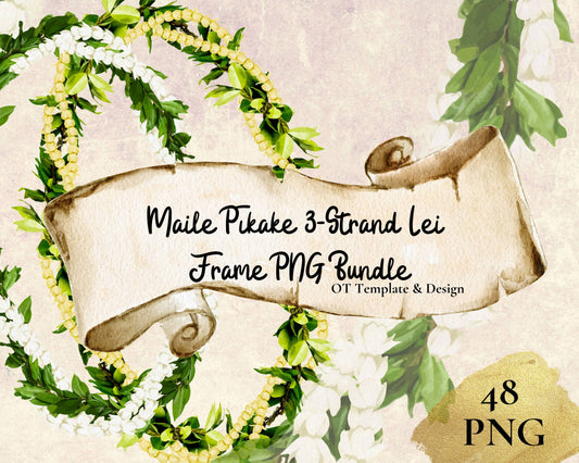 Maile Pikake 3-strand Lei | Hawaiian Frame PNG Bundle | Digital Download