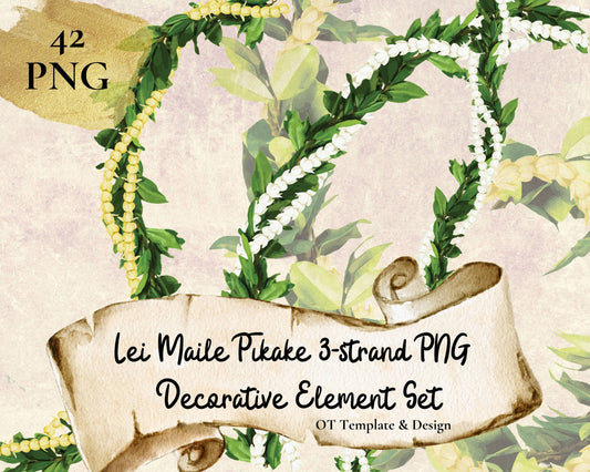 Maile Pikake 3-strand Lei | Hawaiian PNG Decorative Element Set | Digital Download