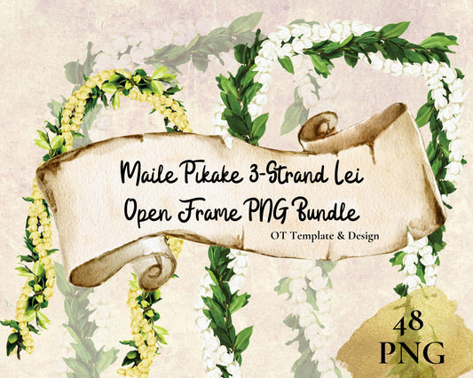 Maile Pikake 3-strand Open Lei | Hawaiian Frame PNG Bundle | Digital Download