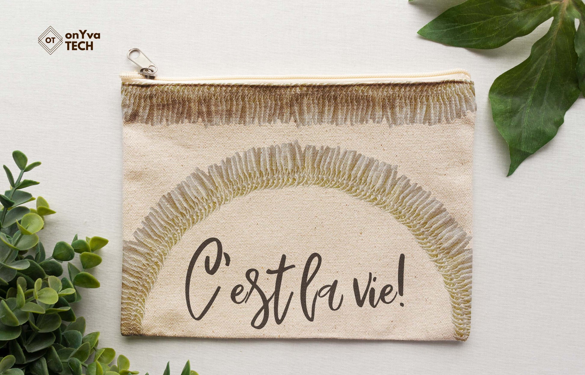  burlap pouch for gifts with the sublimation print of  Micronesian White Ginger Lei flower PNG and the words Cʻest la vie