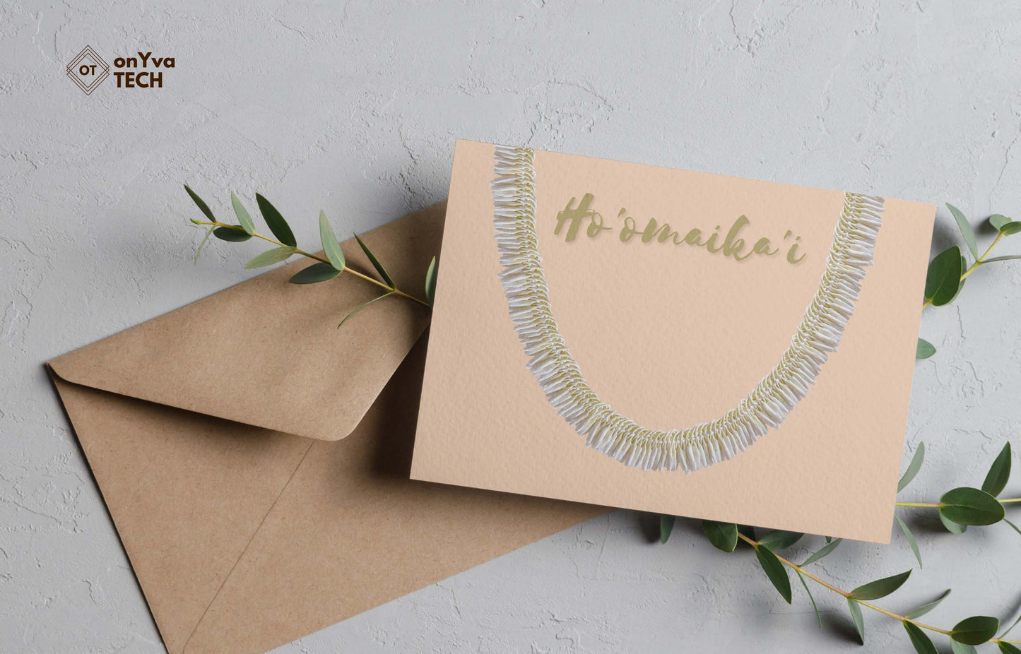 Congratulation greeting card adorned with  half an oval Micronesian White Ginger Lei floral border and the words Hoomaikai