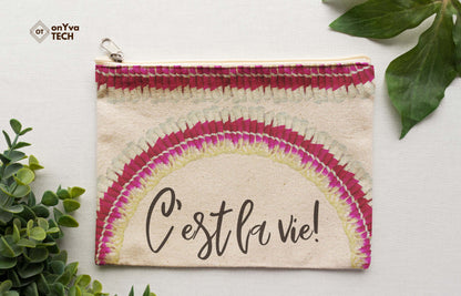  burlap pouch for gifts with the sublimation print of  Micronesian Ginger Orchid Lei flower PNG and the words Cʻest la vie