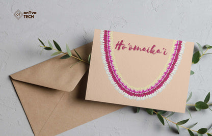 Congratulation greeting card adorned with  half an oval Micronesian Ginger Orchid Lei floral border and the words Hoomaikai