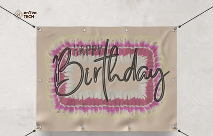  banner with a sublimation print of a rectangle border of a  Micronesian Ginger Orchid Lei frame surrounding the words 