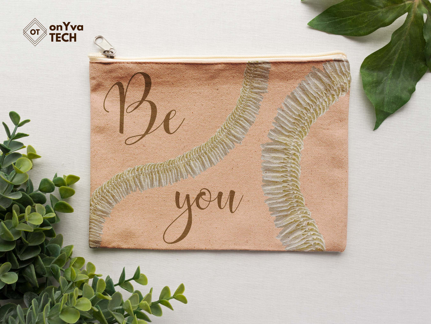  burlap pouch for gifts with the sublimation print of squiggly Micronesian White Ginger Lei flower PNG and the words Be You