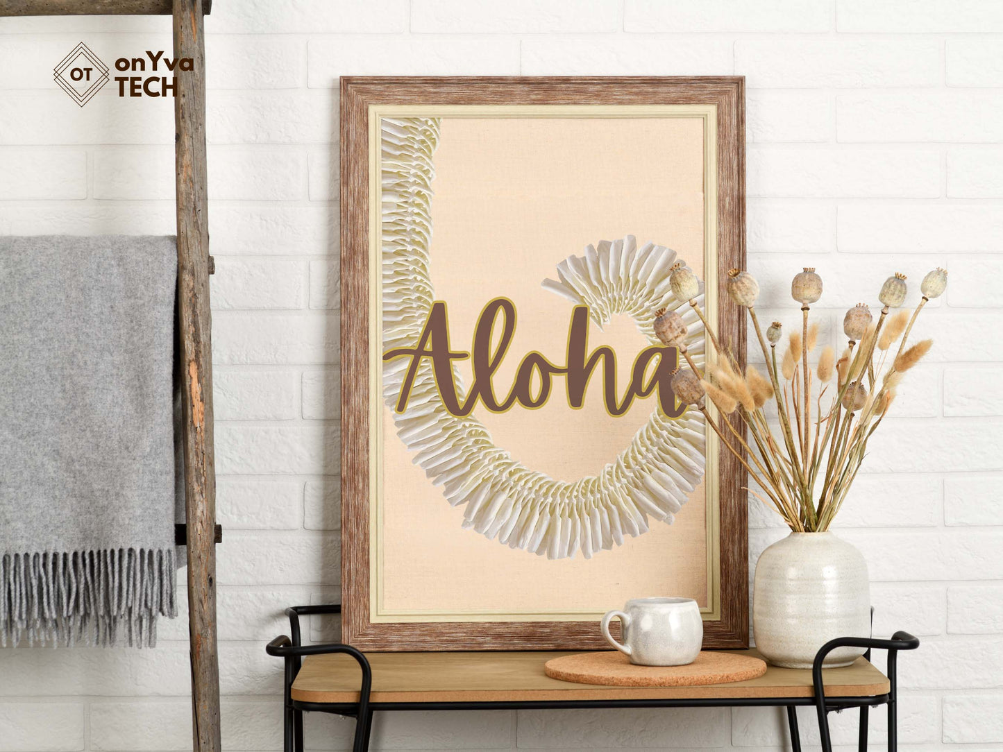  printed poster in a frame of a swirl of a  Micronesian White Ginger Lei with the words Aloha 