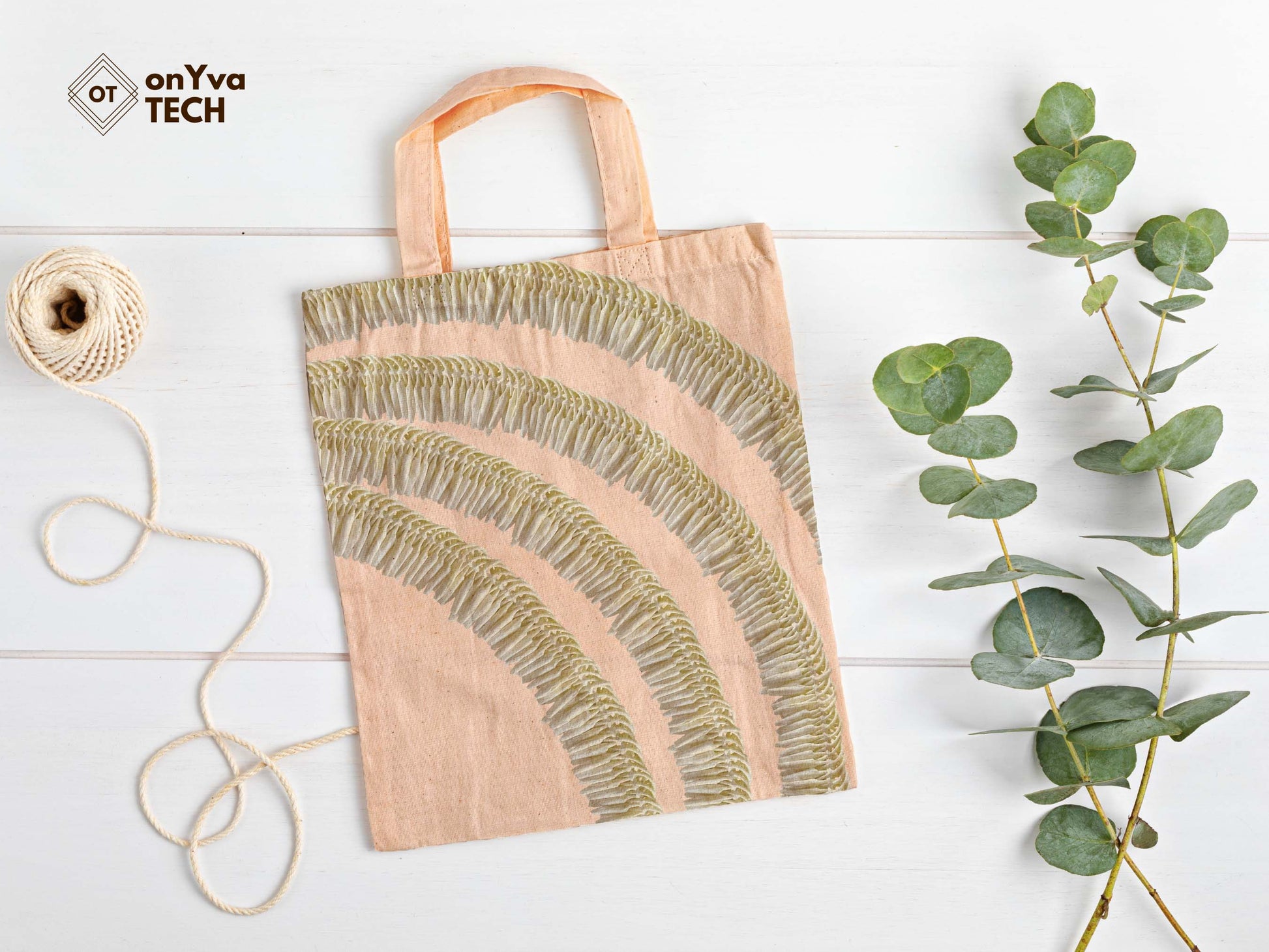  jute tote bag with 4 arcs of Micronesian White Ginger Lei sublimation print from top to bottom 