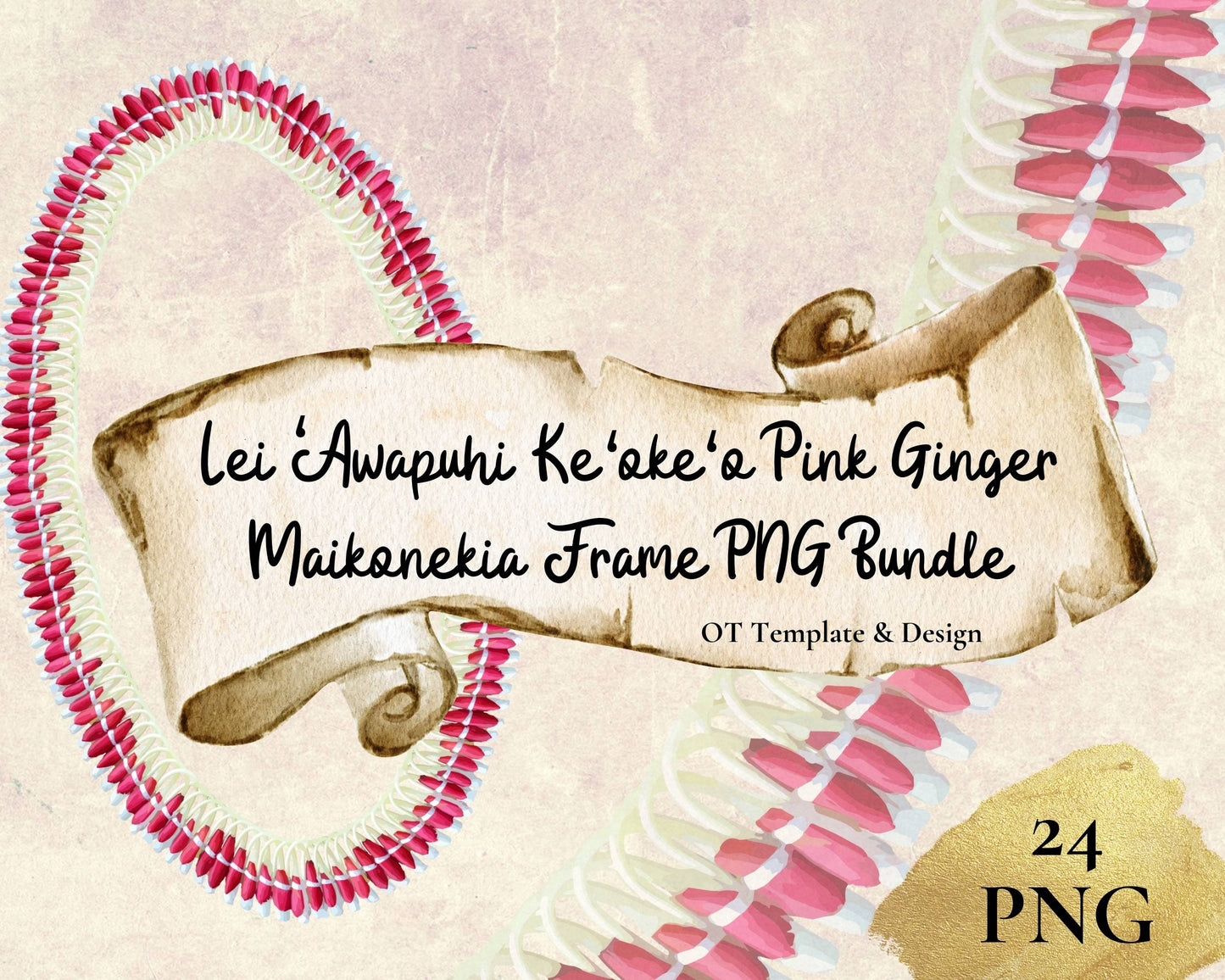 Micronesian White Pink Ginger Lei | Hawaiian Frame PNG Bundle | Digital Download