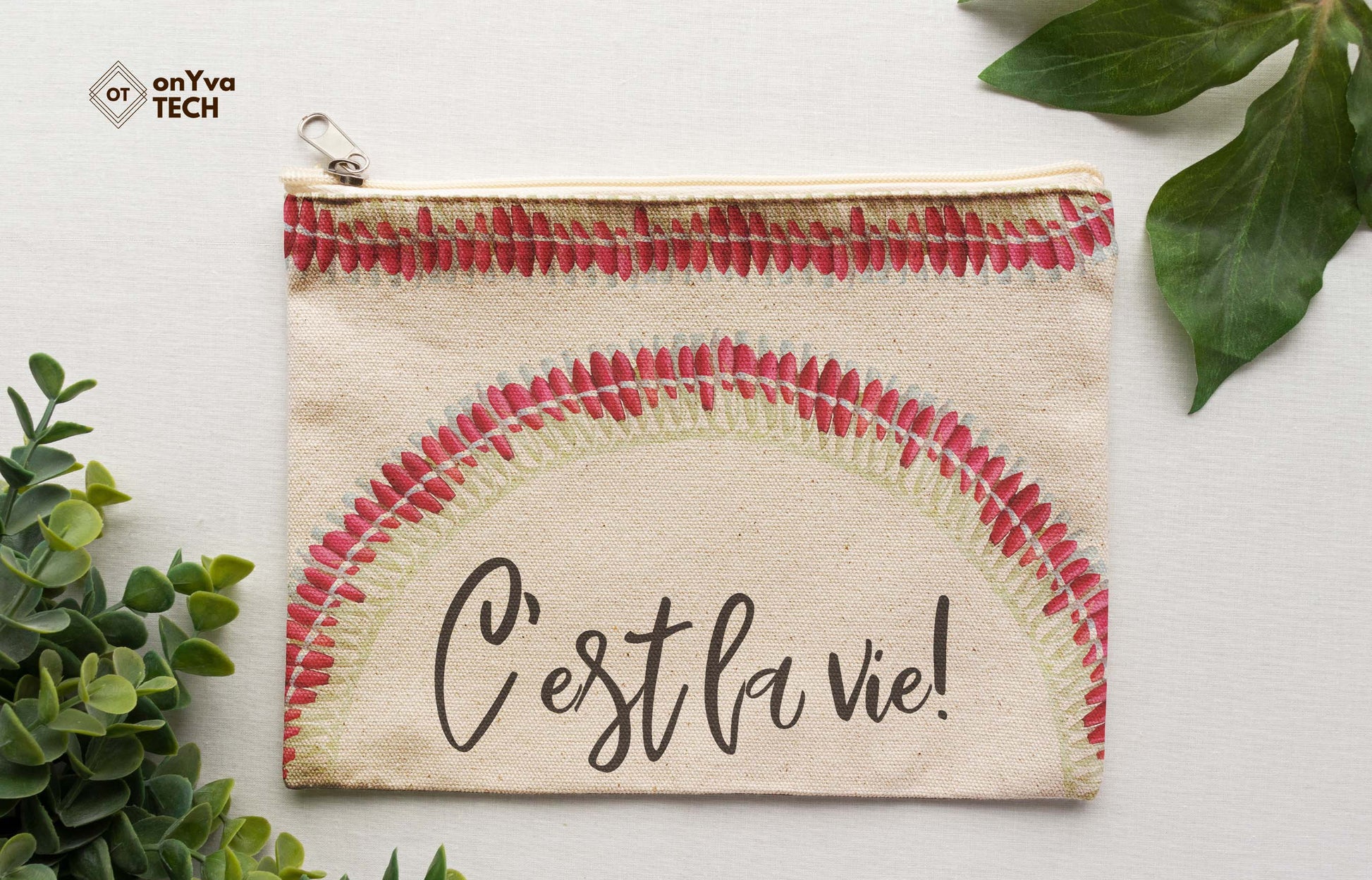  burlap pouch for gifts with the sublimation print of  Micronesian White Pink Ginger Lei flower PNG and the words Cʻest la vie