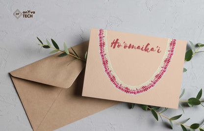 Congratulation greeting card adorned with  half an oval Micronesian White Pink Ginger Lei floral border and the words Hoomaikai