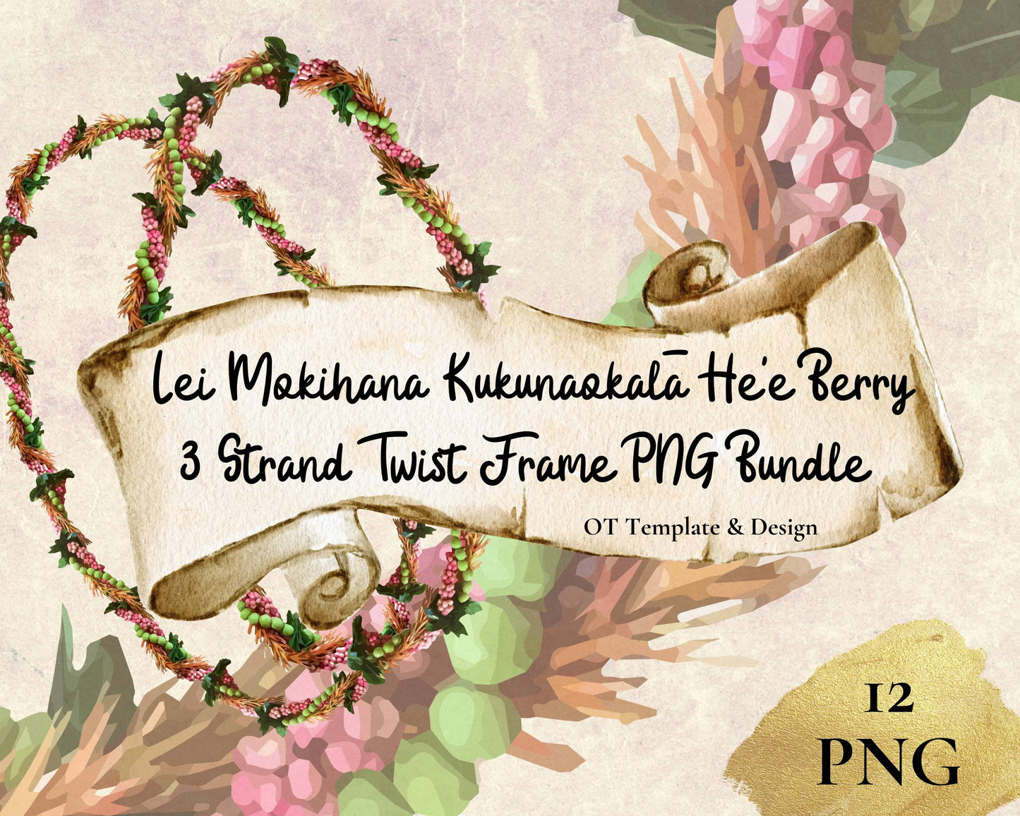 Mokihana Kukunaokala He'e Berry 3 Strand Twist Lei | Hawaiian Frame PNG Bundle | Digital Download
