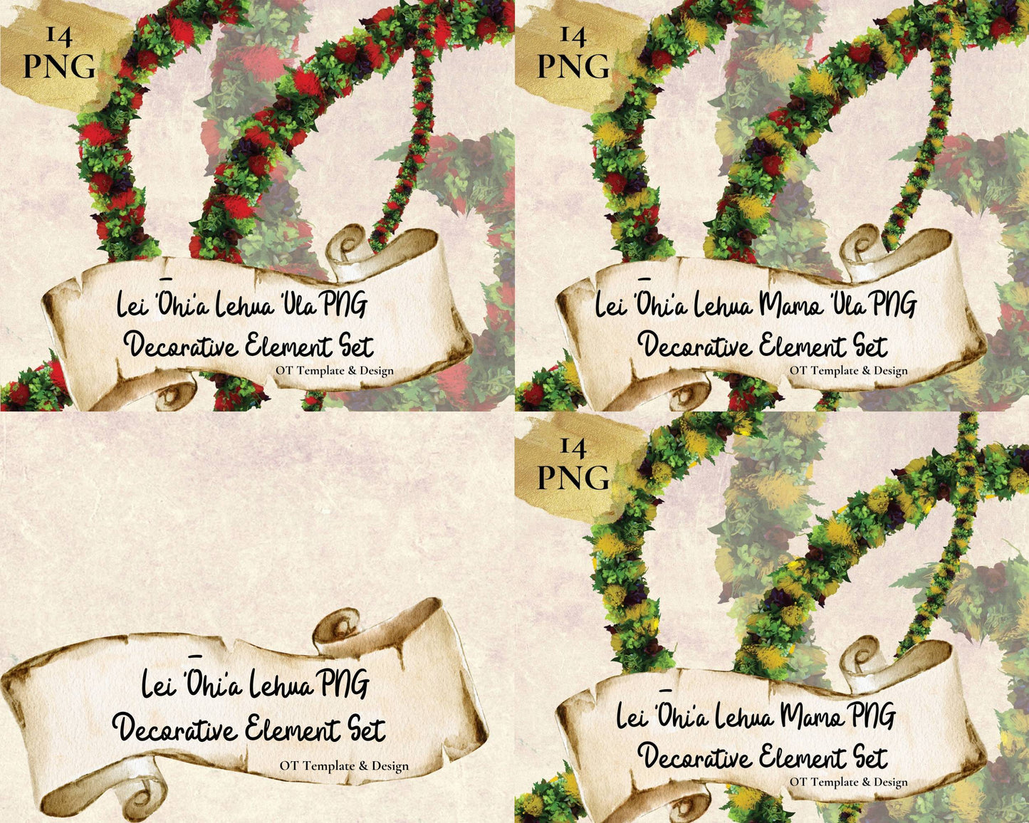 Ohia Lehua Lei Hawaiian PNG Decorative Element Set Digital Download