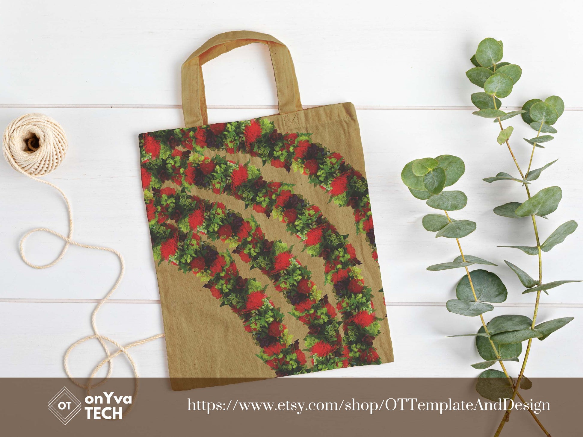  jute tote bag with  Ohia Lehua Lei sublimation print from top to bottom 