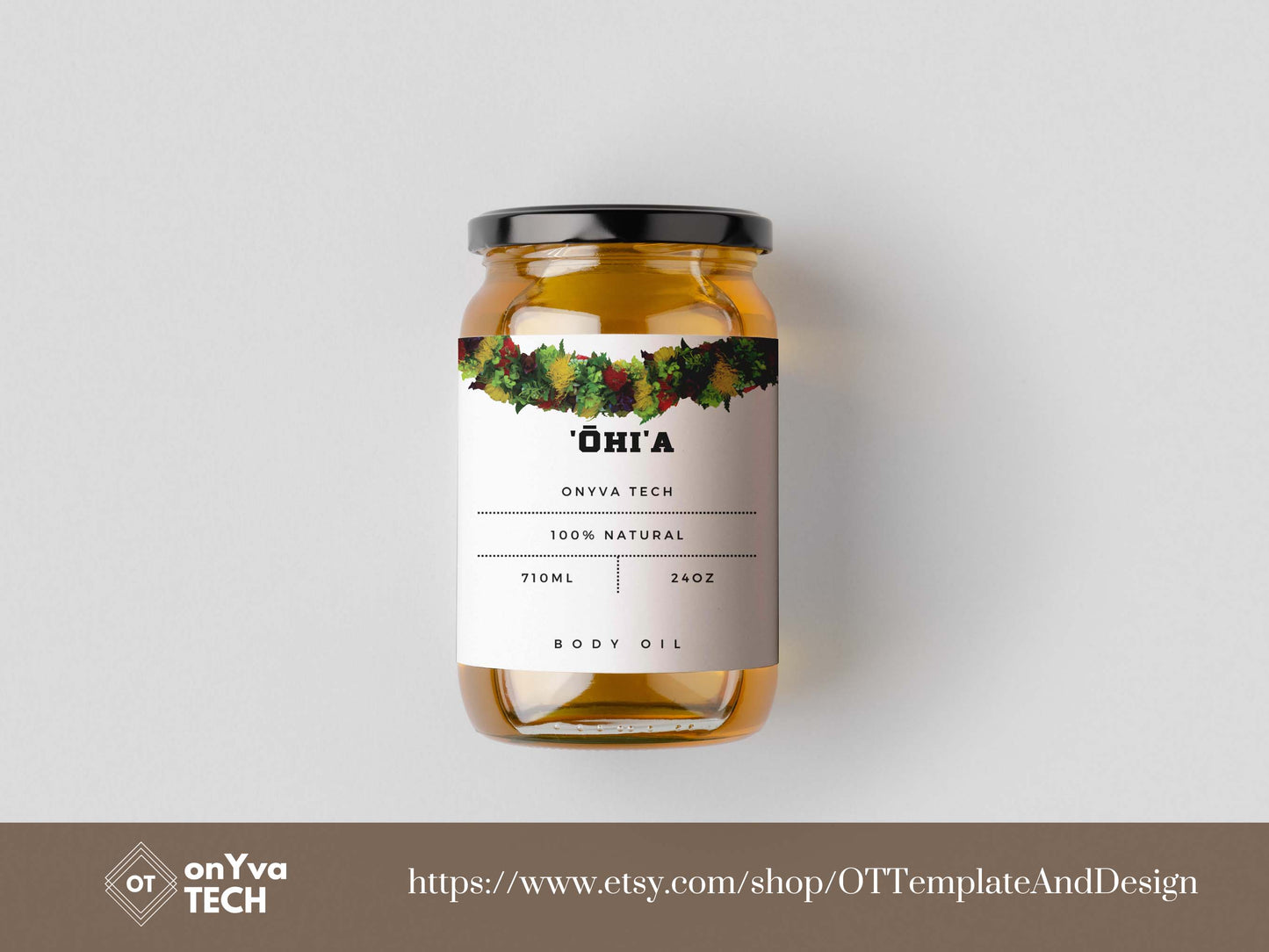  jar mockup with a white label and an arc of a  Ohia Lehua Lei printed at the top facing up 