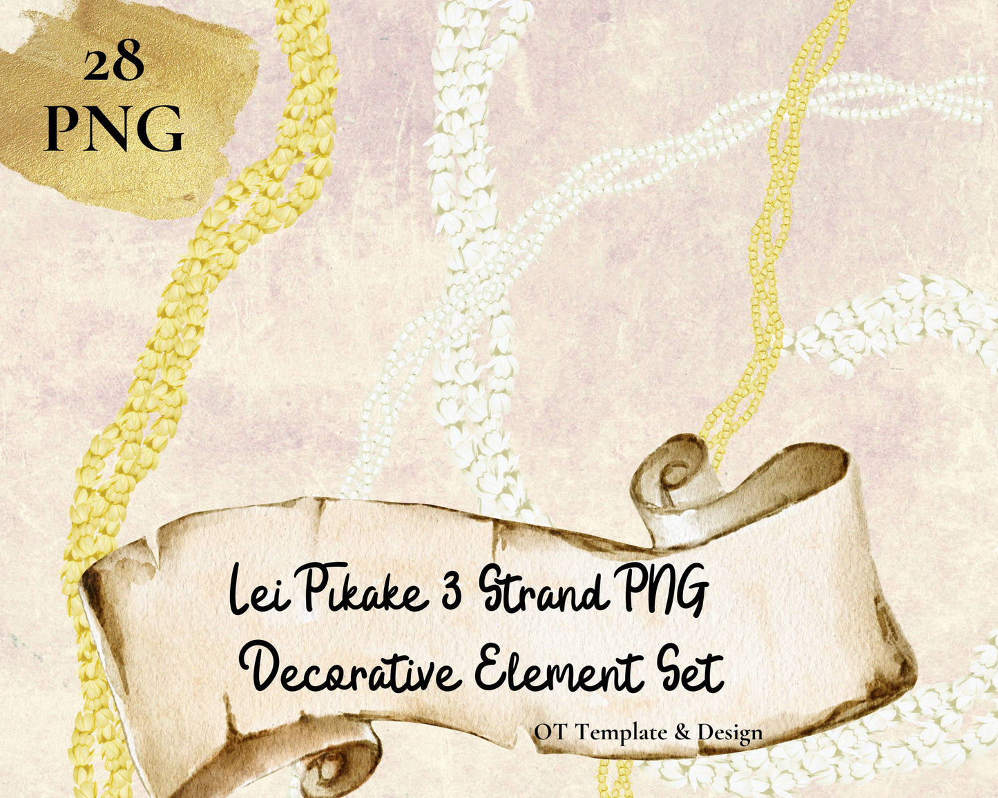 Pikake 3 Strand Twist Lei | Hawaiian PNG Decorative Element Set | Digital Download