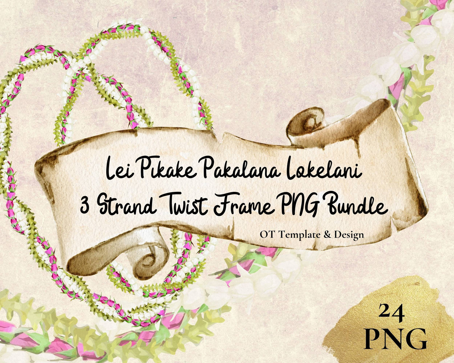 Pikake Pakalana Lokelani 3 Strand Twist Lei | Hawaiian Frame PNG Bundle | Digital Download