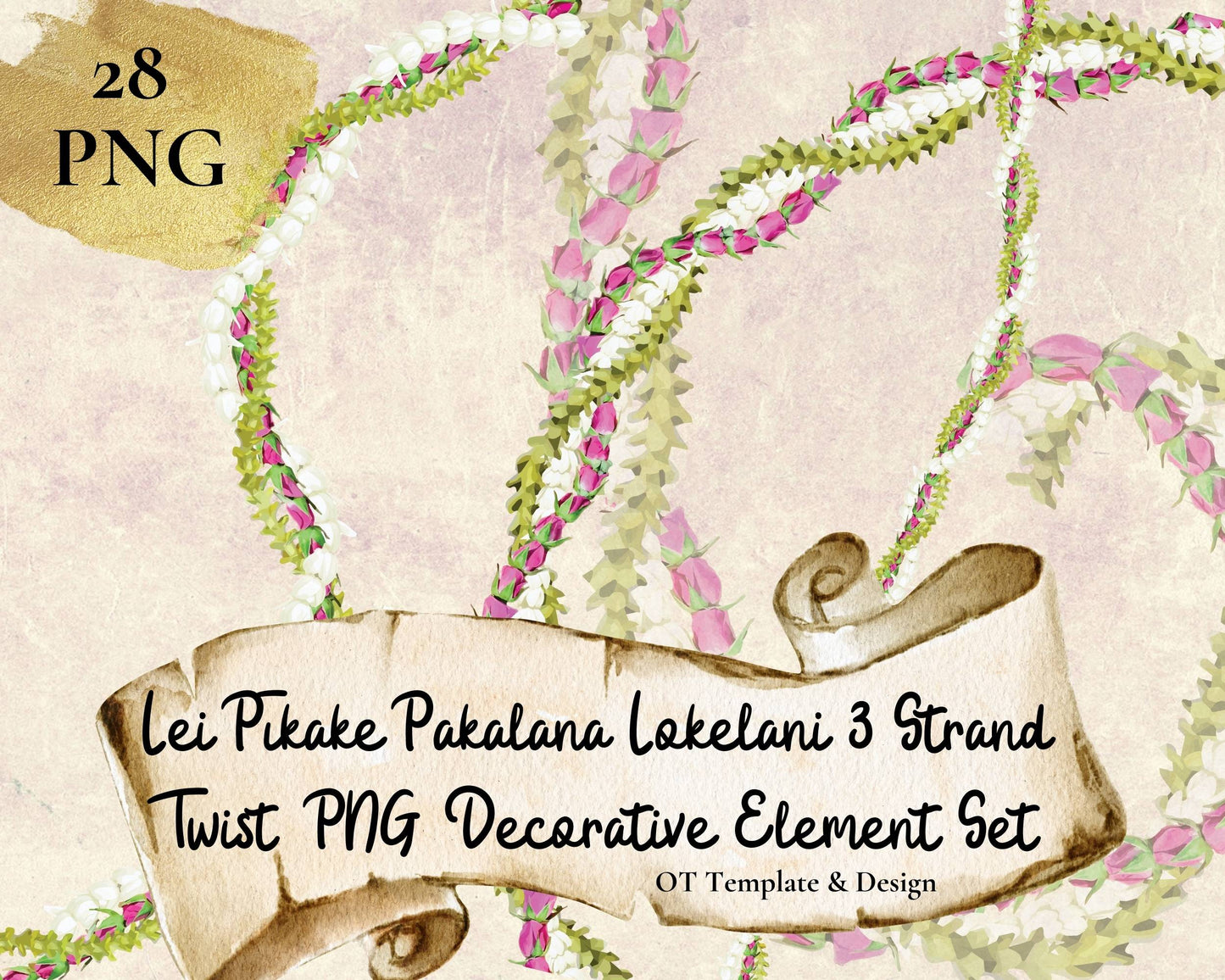 Pikake Pakalana Lokelani 3 Strand Twist Lei | Hawaiian PNG Decorative Element Set | Digital Download